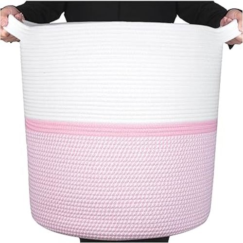 MINTWOOD Design 83L Extra Large 20x18 Inches Decorative Woven Cotton Rope Basket, Tall Laundry Basket Hamper, Blanket Basket for Living Room, Round Storage Baskets for Pillows, Towels, Light Pink