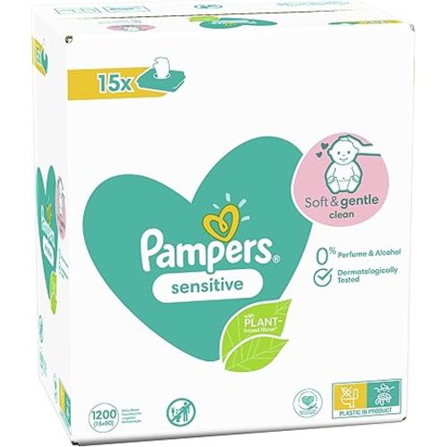 Pampers Baby Wipes Multipack, Sensitive, 1200 Wipes (15 x 80), Baby Essentials for Newborn, Fragrance Free