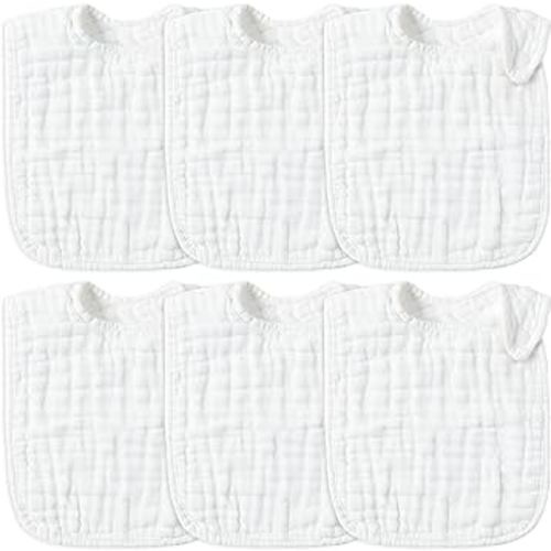 Zainpe 6Pcs Snap Muslin Cotton Baby Bibs White Feeding Bib with 6 Absorbent & Soft Layers Adjustable Drool Bibs Machine Washable Unisex Burp Cloths for 3 to 36 Months Boys Girls Infant Newborn Toddler