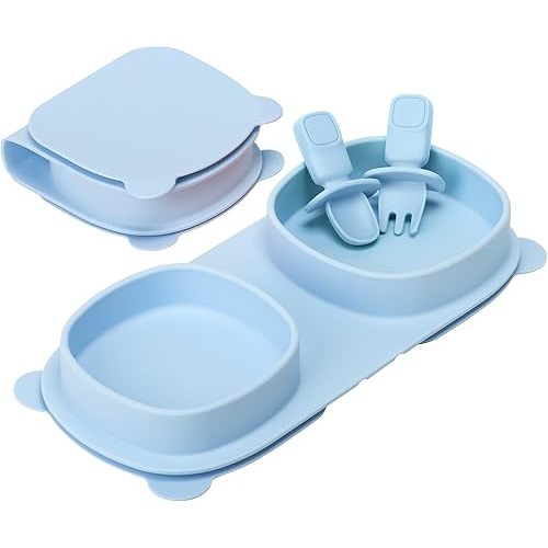 Silicone Foldable Novelty Dinner Plates,Suction Plates for Baby Travel Essential with Forks and Spoons,Microwave & Dishwasher Safe,Baby Blue