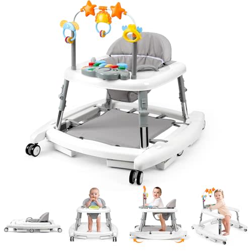 Wolfcode 5-in-1 Music and Lights Baby Walker Foldable with 5 Adjustable Heights, Baby Walker with Wheels and Bouncer Combo Portable, Infant Toddler Walker for Baby Boy Girls 6-18 Months