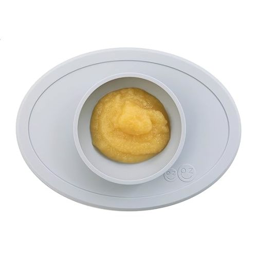 ezpz Tiny Bowl (Pewter) - Silicone Baby Bowl with Suction for 6 Months + - Built-in Placemat - First Foods + Baby Led Weaning - Fits on All Highchair Trays - Suction Bowls for Baby