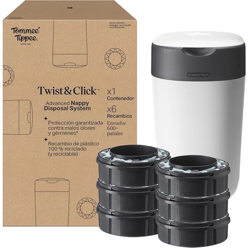 Tommee Tippee Twist & Click Nappy Pail - Greener System - Includes 1 Refill with Sustainably Sourced GREENFILM Antibacterial Film - White : Amazon.co.uk : Baby