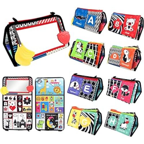 Molly & Nemo Tummy Time Baby Mirror Toys with Crinkle Cloth Book & Teether - Black and White High Contrast Baby Sensory Toys - Montessori Newborn Brain Development