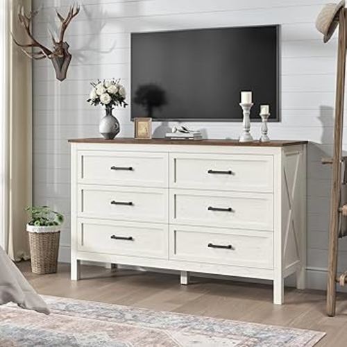 Farmhouse Dresser for Bedroom, 6 Drawers Dresser with Natural Texture, Wood Rustic Wide Chest for Bedroom, Hallway, Entryway, Antique White