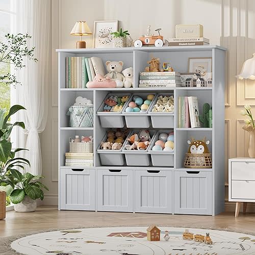 FINETONES Toy Storage Organizer with 6 Toy Bins, Toy Organizer Kids Bookshelf with 4 Movable Drawers and 6 Storage Cubbies, Toy Bins for Kids Organizer Playroom Storage for Kids Room, Grey