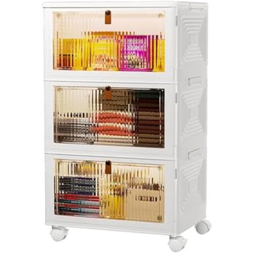 3 Tier Plastic Storage Bins with Lids 34QT, Stackable Storage Containers with Wheels, Folding Storage Boxes, Collapsible Storage Bins, Closet Organizers and Storage for Living Room,Office,Dorm