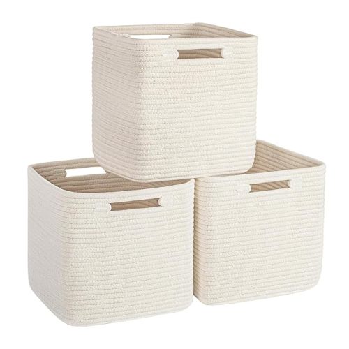 3 Pack Storage Cube Baskets for Organizing, 11 Inch Cotton Rope Woven Baskets for Organizing, Square Storage Bins for Shelves Organizer, Classroom, Kids Toy Bins, Closet, Baby Nursery(White -3 Pack)