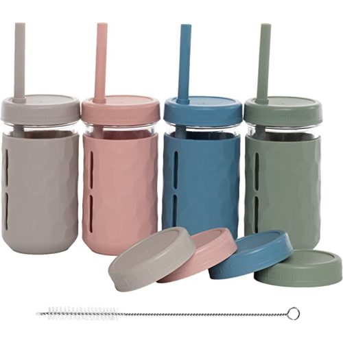 WeeSprout Glass Cups With Lids & Straws, Spill-Resistant Smoothie Cups for Toddlers & Kids, Baby Food Storage & Snack Jars, XL Silicone Straws, Easy-Grip Sleeves, 12 oz, Set of 4