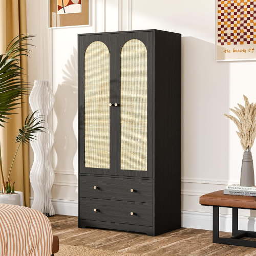 VINGLI Wardrobe Closet with Doors, Rattan Armoire Closet with Drawers & Hanging Rod, Armoire with Shelves