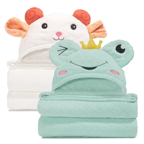 WODHOY Baby Bath & Hooded Towels,2-Pack Baby Towels with Hood for Toddlers 1-3 0-5 Years, Super Soft Thick Absorbent Premium Coral Fleece Bath Towels Kids 50"x32",Green Frog & White Sheep Set