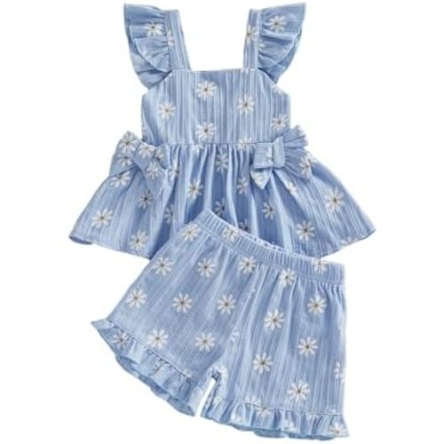 Kupretty Toddler Baby Girl Clothes Summer Linen Outfit Bows Ruffle Tank Tops Shirts + Ruffled Short Set 12 18 24 Month 2T 3T