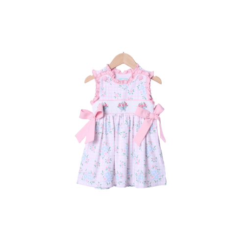 Smocked Flower Bouquet Bow Knit Dress