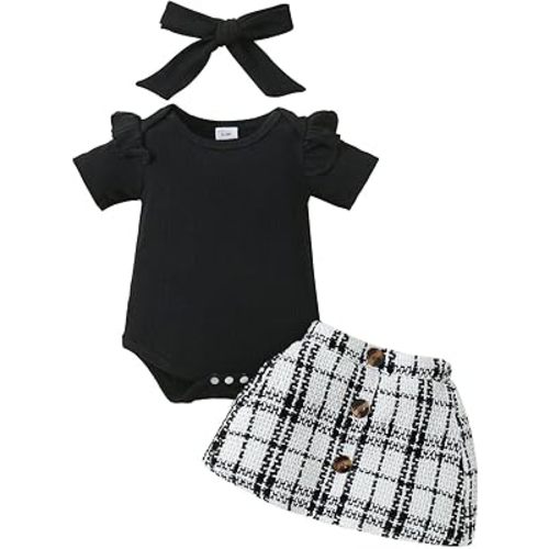 Toddler Girls Summer Dresses Short Sleeve Ruffle Rompers Ribbed Bodysuit Gold Silk Plaid Skirt Handband Baby 3Pcs