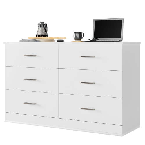 Homfa 6 Drawer White Double Dresser, Modern Wood Chest of Drawers with Metal Handles for Bedroom