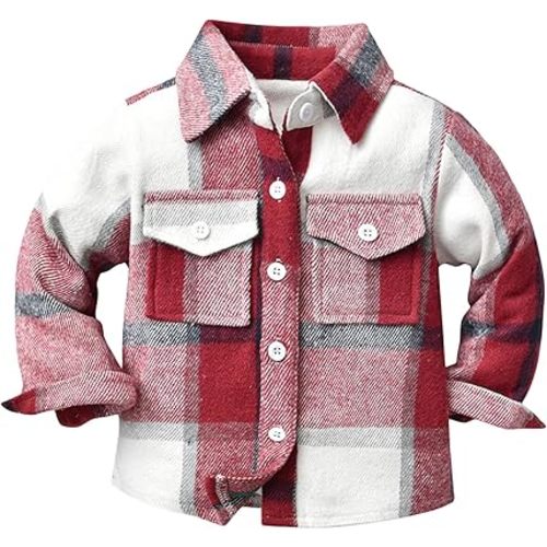 Unisex Baby Boys Girls Flannel Jackst Plaid Shacket Long Sleeve Lapel Botton Down Fall Winter Outwear Coat