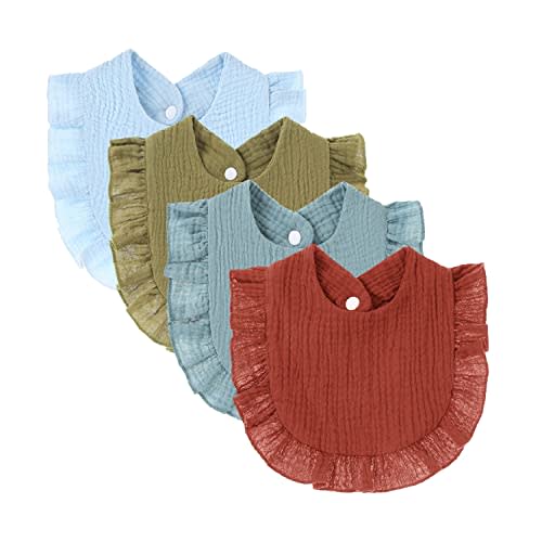 4 PACK Solid Muslin Baby Drool Bibs Set for Unisex Boys Girls Cotton Adjustable Teething Feeding Drooling Bibs