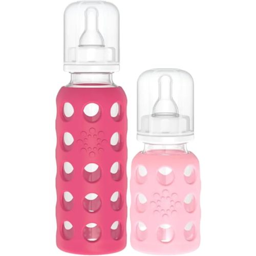 Lifefactory Glass Baby Bottles with Silicone Protection - 2-Pack, 4oz/9oz Bottles, Raspberry & Pink
