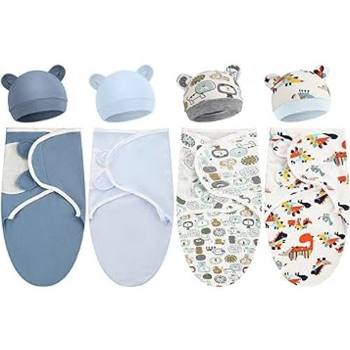 Buryeah 4 Pack Preemie Swaddle Blanket Wrap Set with Hat for Baby Boys Girls 3-7 Lbs Preemie Newborn Clothes Sleepers Cap (Blue,Safari)