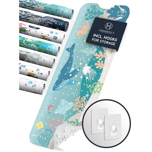 Homerella Baby Bath Tub Mat | Anti Mold Mildew Resistant Non Slip Kids and Adult Bath Tub Shower Mats | 40x16 inch Long with Suction Cups for Secure Grip Hooks for Storage & Drying | Machine Washable