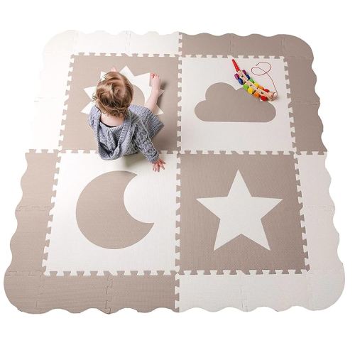 Baby Play Mat Tiles - 61" x 61" Extra Large, Non Toxic Foam Baby Floor Mat - Beige & White Interlocking Playroom & Nursery Playmat - Safe & Protective for Infants & Toddlers (Beige)