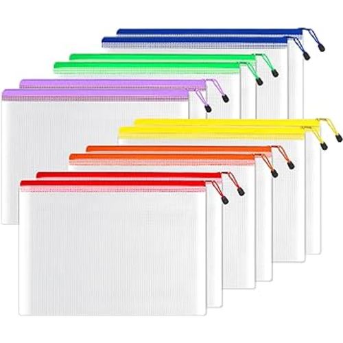 SUNEE 12pcs Mesh Zipper Pouch 11x16, Large Storage Bags for Board Game & Puzzle Organizing, Reusable Plastic Zip Organizer for Travel (A3, 6 Colors)
