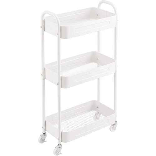 3 Tier Narrow Rolling Storage Cart for Laundry Room Bathroom Kitchen, 7.1'' Slim Utility Cart with Wheels and Lockable Casters Standing Shelf for Small Space & Between Washer and Dryer, White