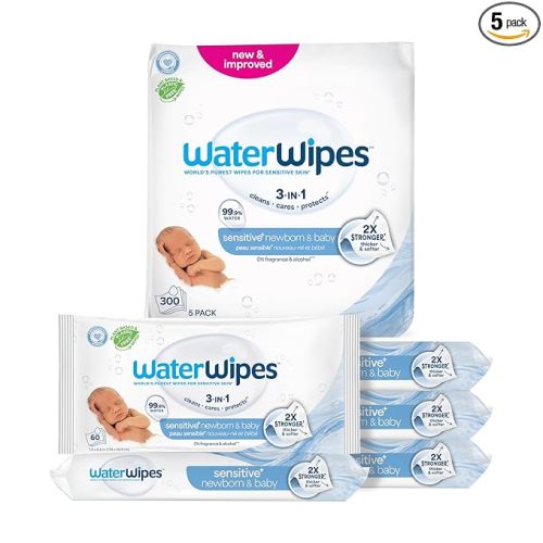 WaterWipes Sensitive+ Newborn & Baby Wipes, 3-In-1 Cleans, Cares, Protects, 99.9% Water, Unscented & Hypoallergenic, 300 Count (5 Packs)
