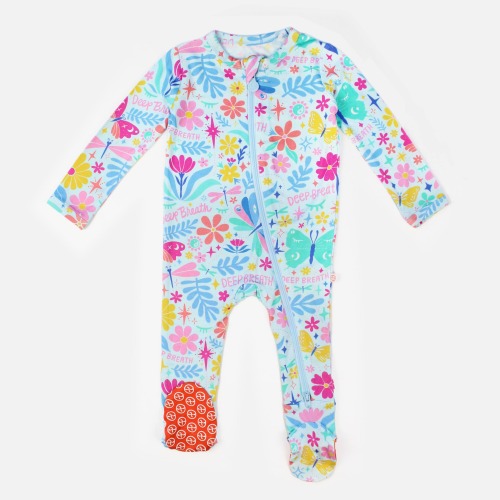 Om Baby | Bamboo Footie Onesie Sleeper | "Deep Breath" | Thermo-Regulating, Double Zipper, 4-Way Stretch | Raising Mama