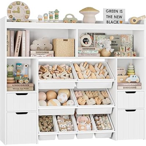 HORSTORS 55" W Toy Storage Organizer with Drawers, Large Kids Toy Storage Box with Removable Bins, Tall Kids Bookshelf and Bookcase for Boys and Girls, Modern Toy Chest for Playroom, Classroom, White
