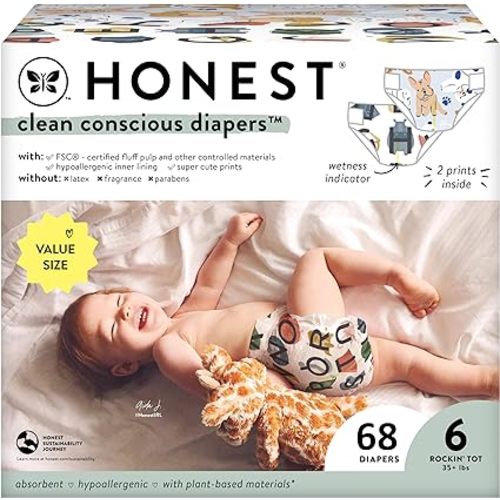 The Honest Company Clean Conscious Diapers for Sensitive Skin | Hypoallergenic, Fragrance Free | Gender Neutral Prints | Super Club Box, Size 6 (35+ lbs), 68 Count (Prints May Temporarily Vary)