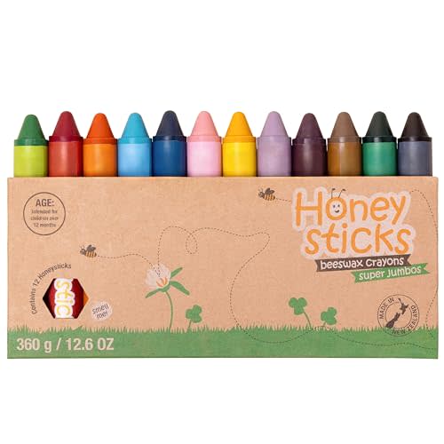 Honeysticks Super Jumbo Crayons (12 Pack) - Non Toxic Crayons for Kids - 100% Pure Beeswax and Food Grade Colors - For Toddlers 1-3, Unbreakable, Extra Large, Easy to Hold and Use, Eco-Friendly