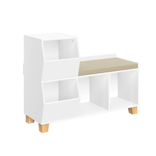 RiverRidge Kids' CatchAll Cubby Storage Organizer Bench with Toy Storage Shelves and Cushioned Seat White