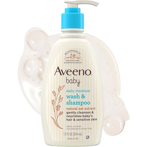 Aveeno Baby Daily Moisture Gentle Baby Body Wash and Shampoo with Oat Extract, 2-in-1 Baby Wash and Hair Shampoo, Tear-Free, Paraben-Free for Sensitive Skin and Hair, Lightly Scented, 12 Fl Oz