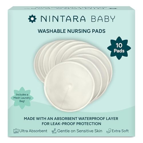 Nintara Baby Reusable Nursing Pads – 4-Layer Organic Bamboo Cotton, Ultra-Soft, Absorbent & Leak-Proof, Contoured Comfort Fit, Pack of 14 with Laundry Bag