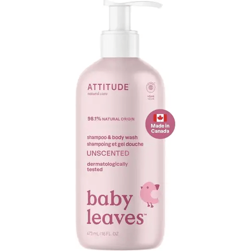 ATTITUDE Baby 2-in-1 Shampoo and Body Wash, Made in Canada, EWG Verified, Dermatologically Tested, Vegan, Unscented, 473 mL