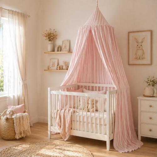 Baby Canopy for Crib, Striped Kids Bed Canopy, Nursery Canopy with Ruffle or Tiebacks, Montessori Reading Nook, Toddler Canopy