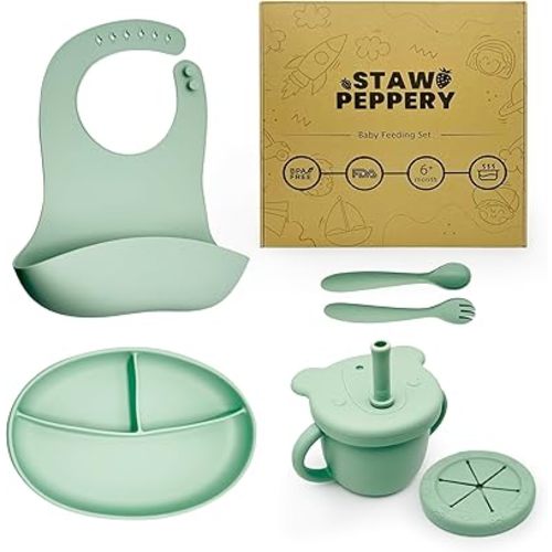 Baby Feeding Set - Weaning Supplies with Suction Plates, Bowls, and Utensils for 6+ Months, Ideal for Baby-Led Weaning - Green