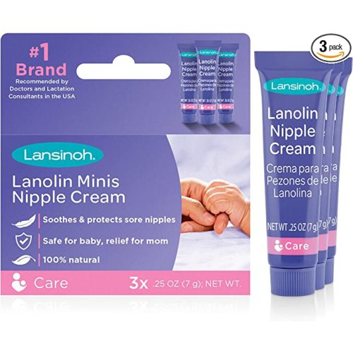 Lansinoh Lanolin Nipple Cream, Safe for Baby and Mom, Breastfeeding Essentials, 3 Mini Tubes, Each 0.25 Ounces