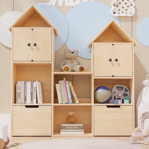 Cozy Castle Wooden Kids Bookshelf with Toy Box, Toy Storage Organizer with Wheels, Kids Bookcase for Playroom, Bedroom, Gift for Ages 3+, Oak