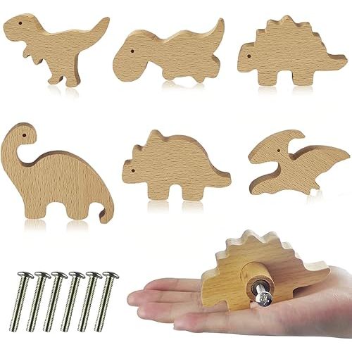 6 Pcs Wooden Animal Cabinet Knobs with Screws Decorative Wardrobe Knobs Natural Wood Cute Animal Furniture Suitable for Nursery Drawer Handles Decor Cabinets Furniture (Dinosaur)