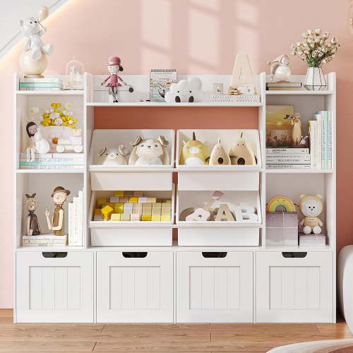 Toy Storage Organizer, Toy Organizers and Storage with 4 Movable Drawers and 4 Box Bins, Playroom Organization with Hidden Wheels for Room, Living Room