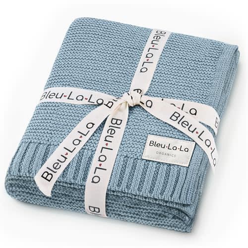 Bleu La La Organic Cotton Knit Receiving Blanket for Boys - 100% Luxury Soft Organic Cotton - Warm Cozy Swaddle Cuddle Stroller Crib Blanket for Newborns Infants & Toddlers (0-2Yrs - Sky Blue)