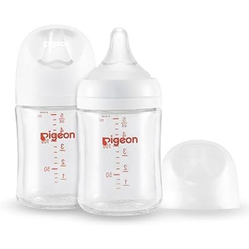 Pigeon Glass Nursing Bottle Wide Neck, Streamlined Body, Natural Feel, Easy to Clean, Heat-Resistant, 5.4 Oz(Pack of 2), Includes 2pcs SS Nipples (0m+)