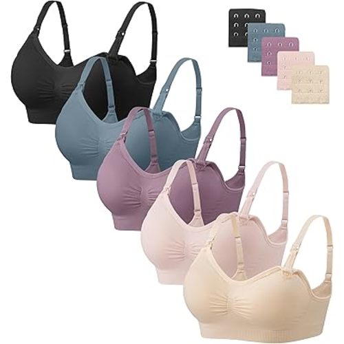 Angelhood Nursing Bra 5 Pack Womens Maternity Breastfeeding Bra Seamless Wireless Sleep Bra with Bra Extenders