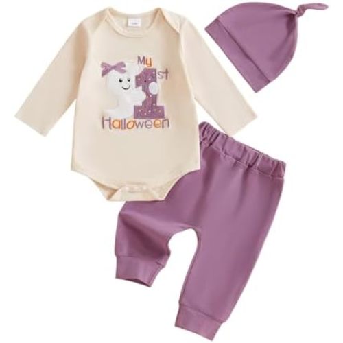 Baby Boy Girl Halloween Outfit Cute My 1st Halloween Ghost Long Sleeve Romper+Pants+Hat 3Pcs Infant Fall Clothes