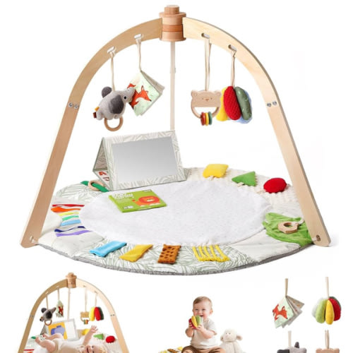 Wooden Baby Play Gym & Tummy Time Playmat – Montessori Sensory Activity Mat with 6 Developmental Toys for Fine Motor Skills – for Newborns to Toddlers (0–12M+)