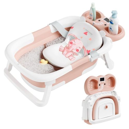 TUMAJUP Foldable Elephant Baby Bathtub for Infants and Toddlers with Soft Cushion and Thermometer-Pink