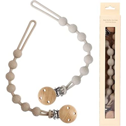 Nupoopy Silicone Pacifier Clips, 2 Pack BPA Free One-Piece Design Pacifier Holder for Baby Boy and Girl 3 Month+, Fit Most Binky & Teether Toys, Best Newborn Shower Gift(Sand, Light Grey)