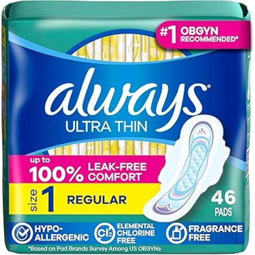 Always Ultra Thin Feminine Pads with Wings for Women, Size 1, Regular Absorbency, Unscented, Up to 100% Leak-Free Protection, 46 Count